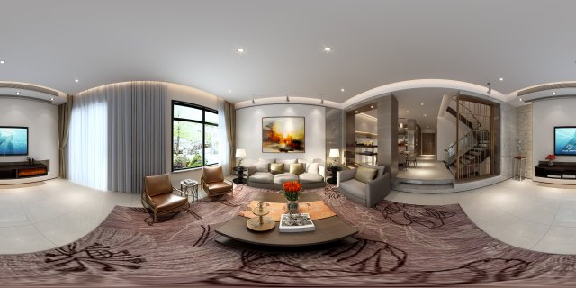 Panoramic Modern Style Family Living Room Restaurant 05 3D Model