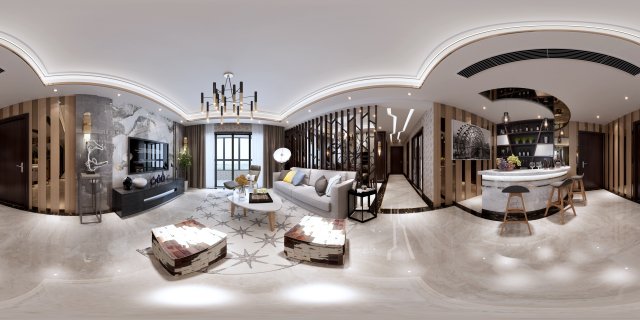 Panoramic Modern Style Family Living Room Restaurant 01 3D Model