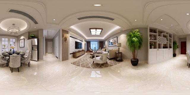 Panoramic Modern Style Living Room Restaurant Space 60 3D Model