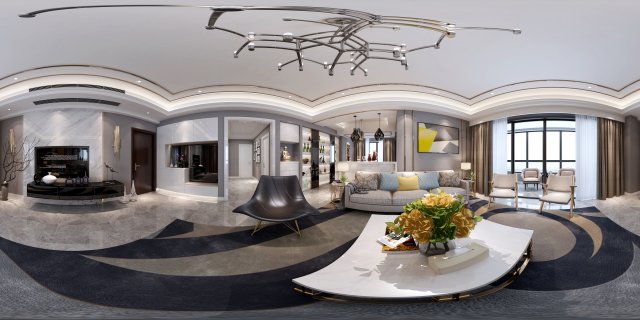 Panoramic Modern Style Family Living Room Restaurant 02 3D Model