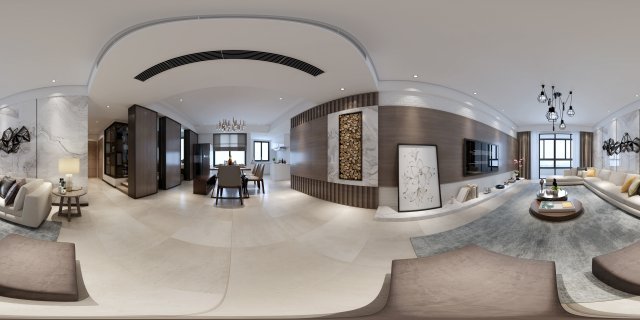 Panoramic Modern Style Living Room Restaurant Space 08 3D Model