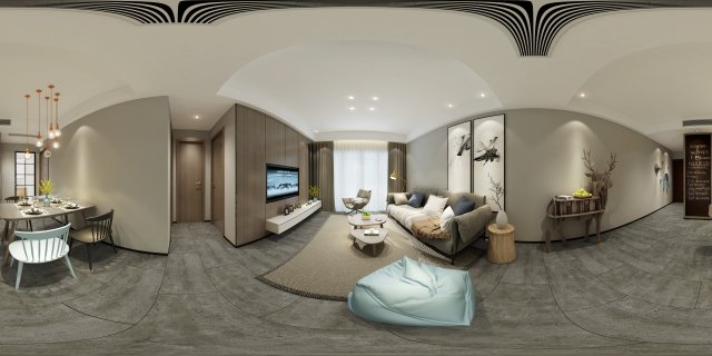 Panoramic Modern Style Living Room Restaurant Space 02 3D Model