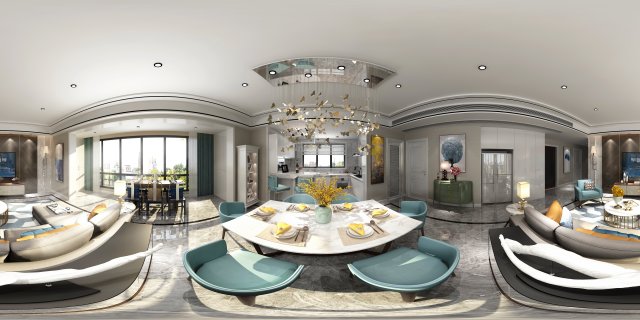 Panoramic Modern Style Living Room Restaurant Space 07 3D Model