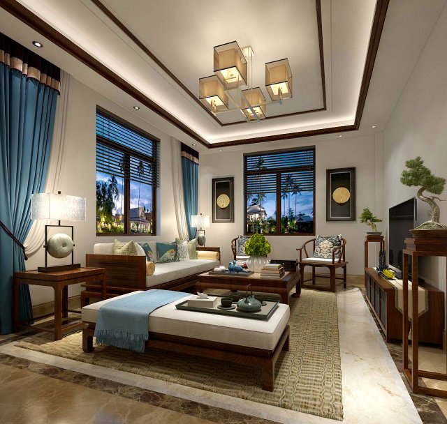 Stylish Chinese living room design 02 3D Model