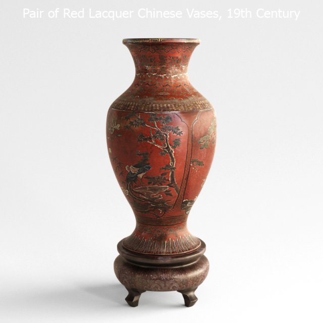 Pair of Red Lacquer Chinese Vases 19th Century 3D Model
