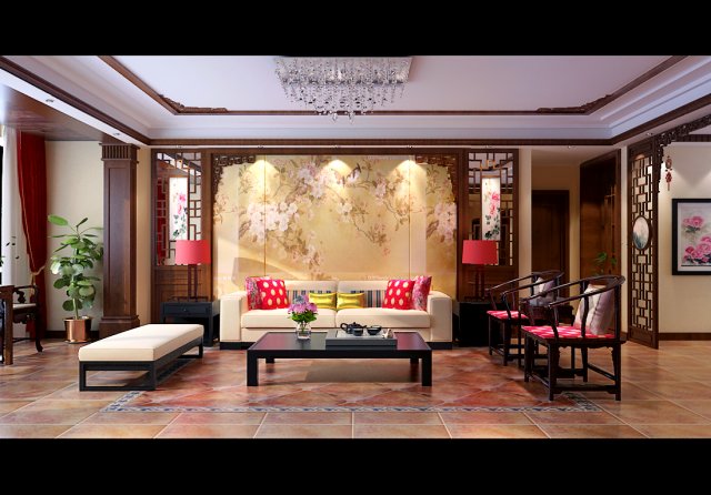 Fashionable Chinese style and vintage living room restaurant 1815 3D Model