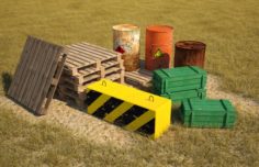 Low poly models for games barrels pallets military crates concrete block 3D Model