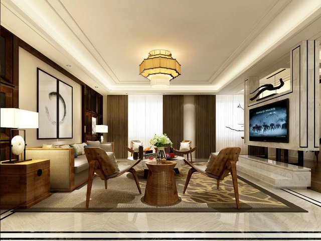 Stylish Chinese living room design 01 3D Model