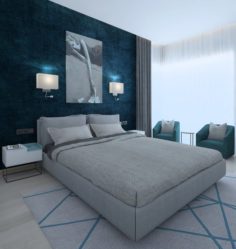 Modern bedroom with green wallpaper 3D Model