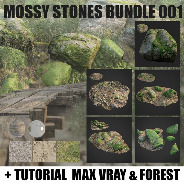 Mossy stones bundle 001 3D Model