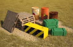 Low poly models for games, barrels, pallets, military crates, concrete block. 3D Model