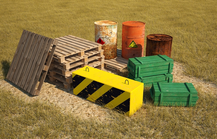 Low poly models for games, barrels, pallets, military crates, concrete block. 3D Model