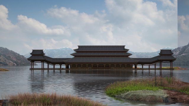 Large Oriental ancient palace corridor building 3D Model