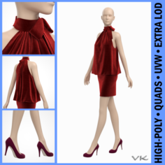 Velvet Cocktail Dress on Female Mannequin 3D Model