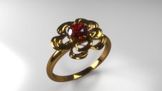 Gold ring with red stone shape rose 3D Model