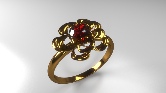 Gold ring with red stone shape rose 3D Model