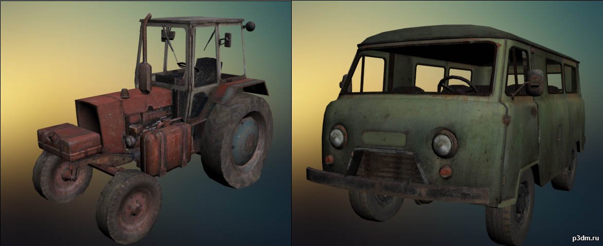 UAZ-452 и трактор UMZ 3D Model