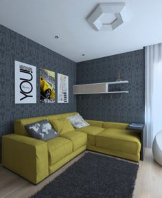 A simple boy room with a yellow sofa 3D Model