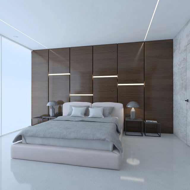 Modern bedroom with concrete walls 3D Model