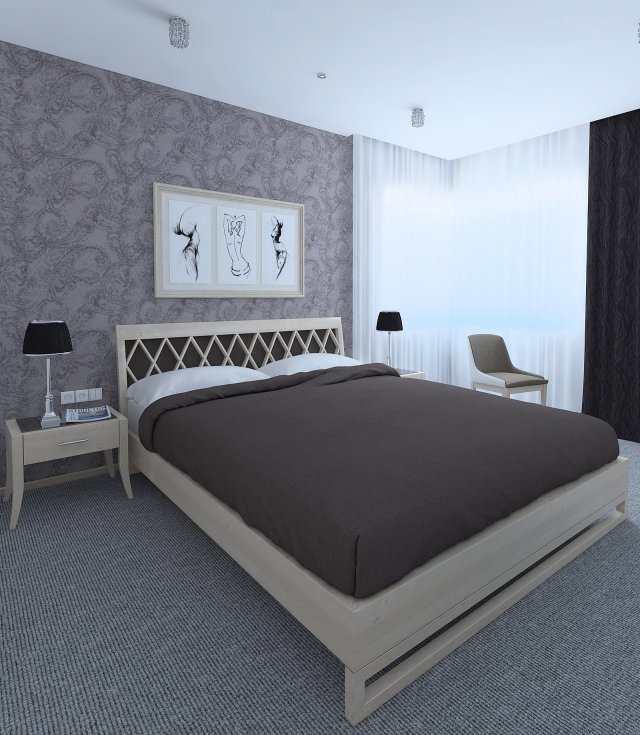 A simple bedroom with a gray carpet 3D Model