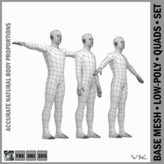 Male Body Base Mesh with Detailed Head and Limbs in 3 Poses 3D Model