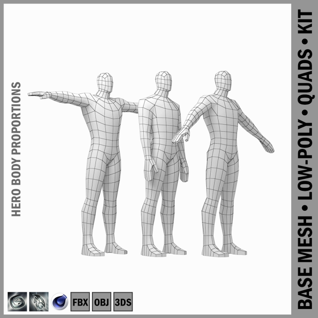 Male Hero Base Mesh in Three Poses 3D Model
