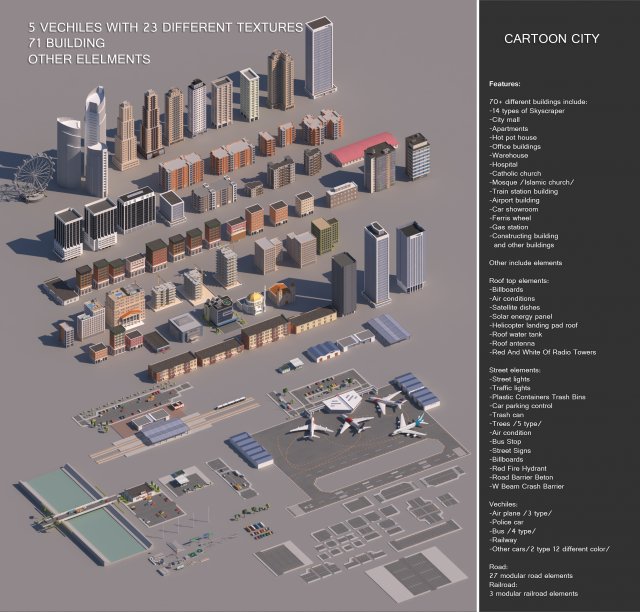 Realistic Low poly Cartoon City Modular Elements 3D Model
