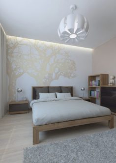 Cozy bedroom room with tree wallpaper 3D Model