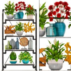 Rack with the decor of figurines and plants 3D Model