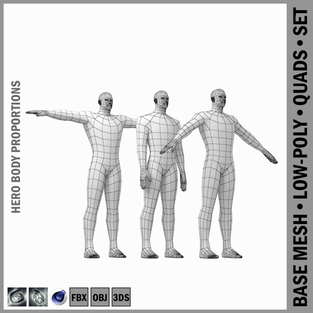 Male Hero Base Mesh with Detaied Head and Limbs in Three Poses 3D Model
