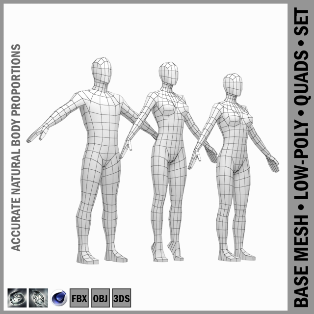 Male and Female Low Poly Base Mesh in A-Pose 3D Model