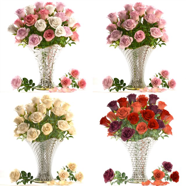 Collection of roses in a vase 3D Model