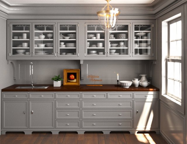 Grey wood Classic pantry Kitchen interior dinnerware porcelain 3D Model