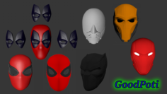 Set of masks of Spider-Man Deadpool Deathstroke Black Panther RUINER Red Hood 3D Model