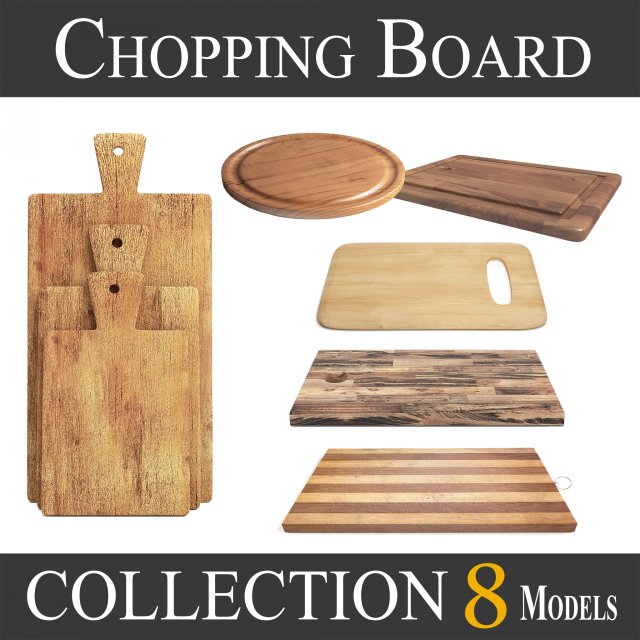 3D Wooden Cutting Board Collection – Set of 8 Different Models model 3D Model