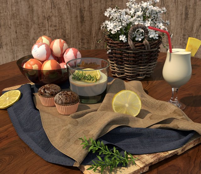 Food and drinks on the dining table 3D Model