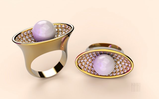 Gold ring with stones and pearls 3D Model