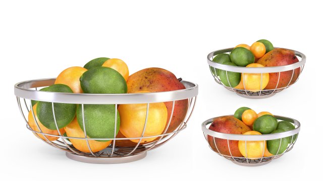 3D Chrome Wire Grid Fruit Basket with Fruits With Oranges Limes and Mangos 3D Model