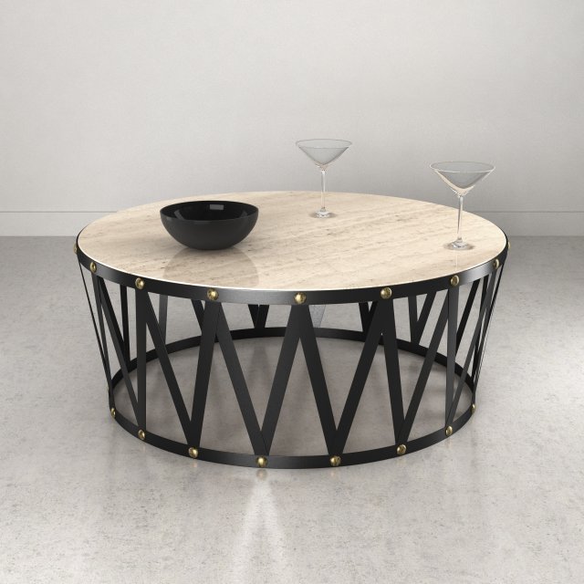 Bassett Travertine Drum Round Cocktail Table with cocktail glass 3D Model
