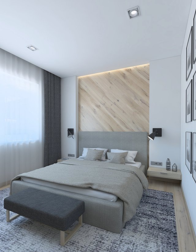Cozy bedroom with wooden wall 3D Model