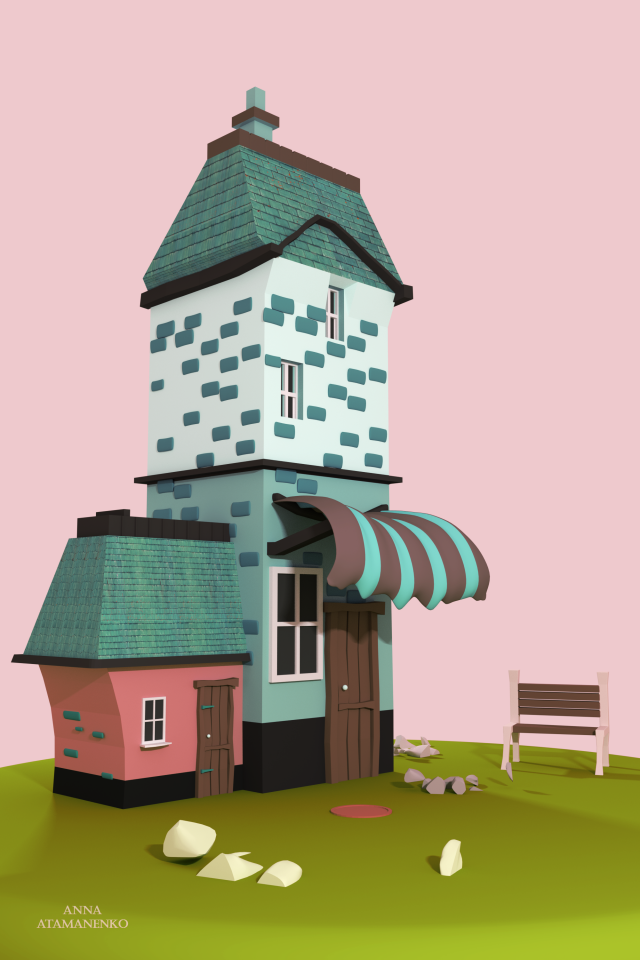 Movie pink low poly house 3D Model