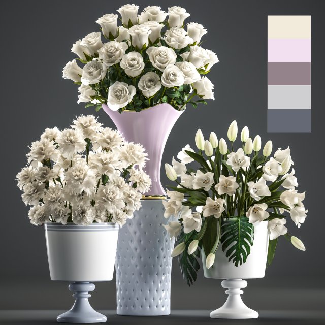 Bouquets of white flowers in vases 3D Model