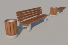 Set Bench Trash Can 3D Model