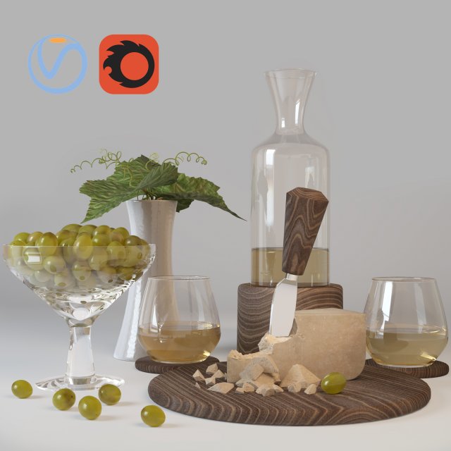 Decorative set of wine cheese and grapes V-Ray-Corona 3D Model