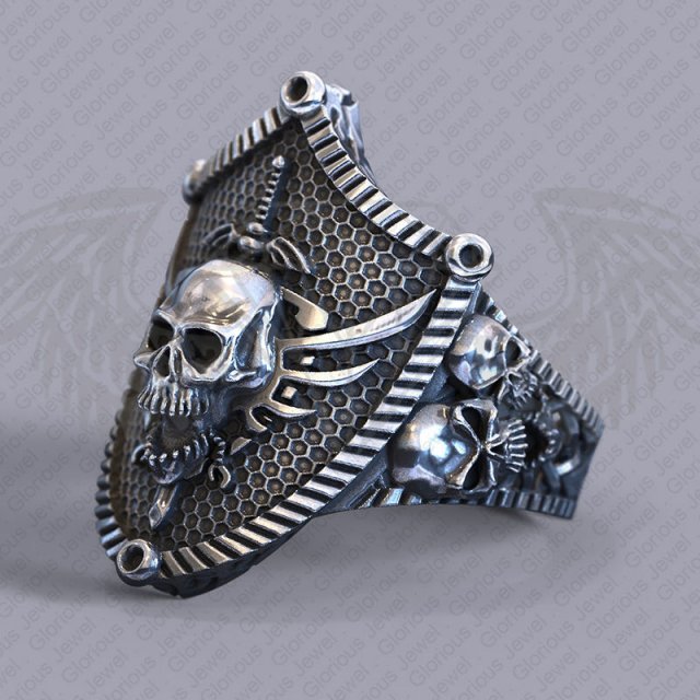 Skull-on-shield-ring silver 3D Model