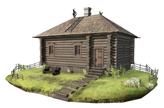 Wooden house with thatched roof 3D Model